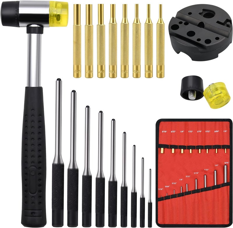 LFSEMINI Pin Punch Set, 22pcs Removing Repair Tools, Including Universal Block, Brass Pin Punches, Steel Pin Punches and Hammer - Image 1